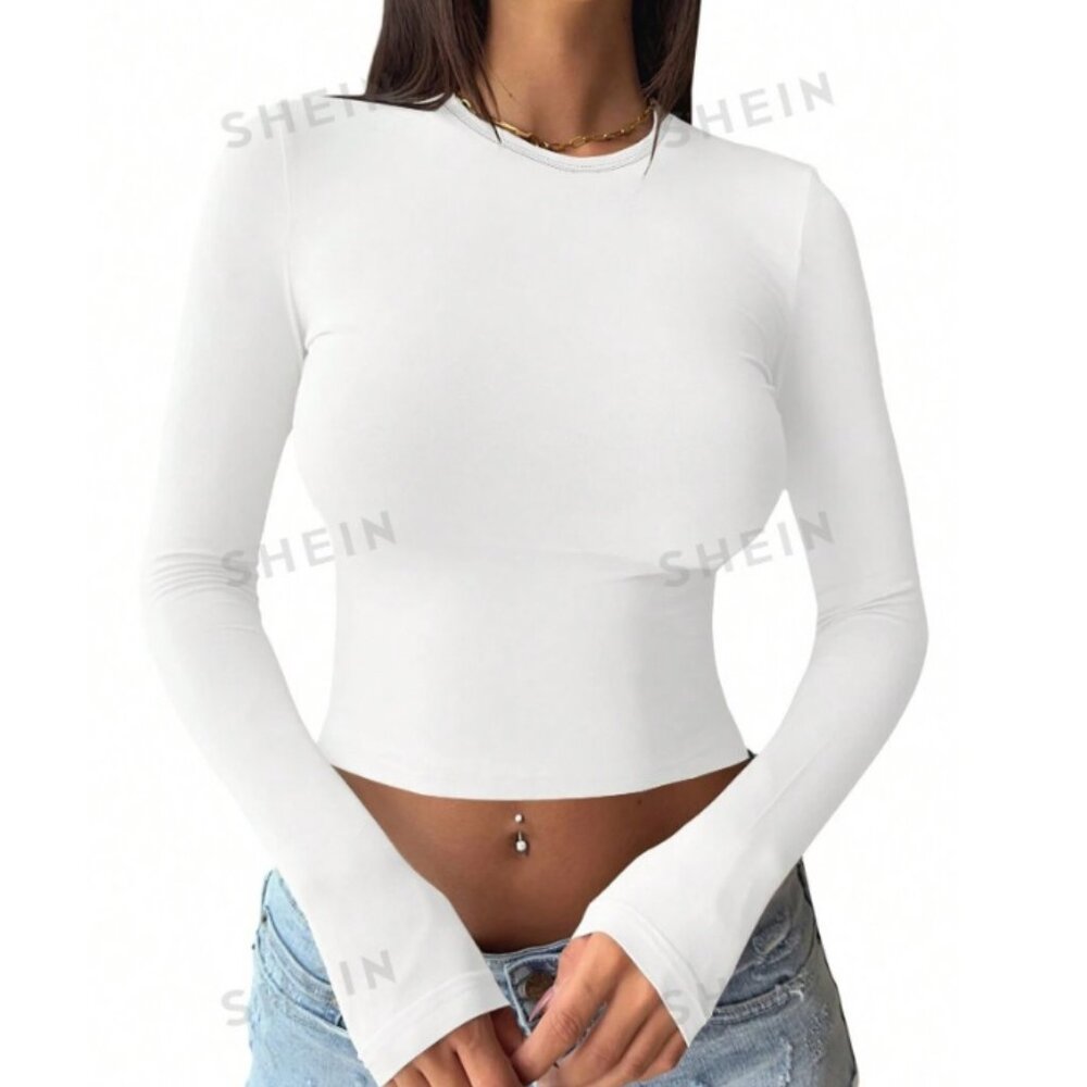 Casual Simple Round Neck Long Sleeve Cropped Tight Fit T-Shirts For Women